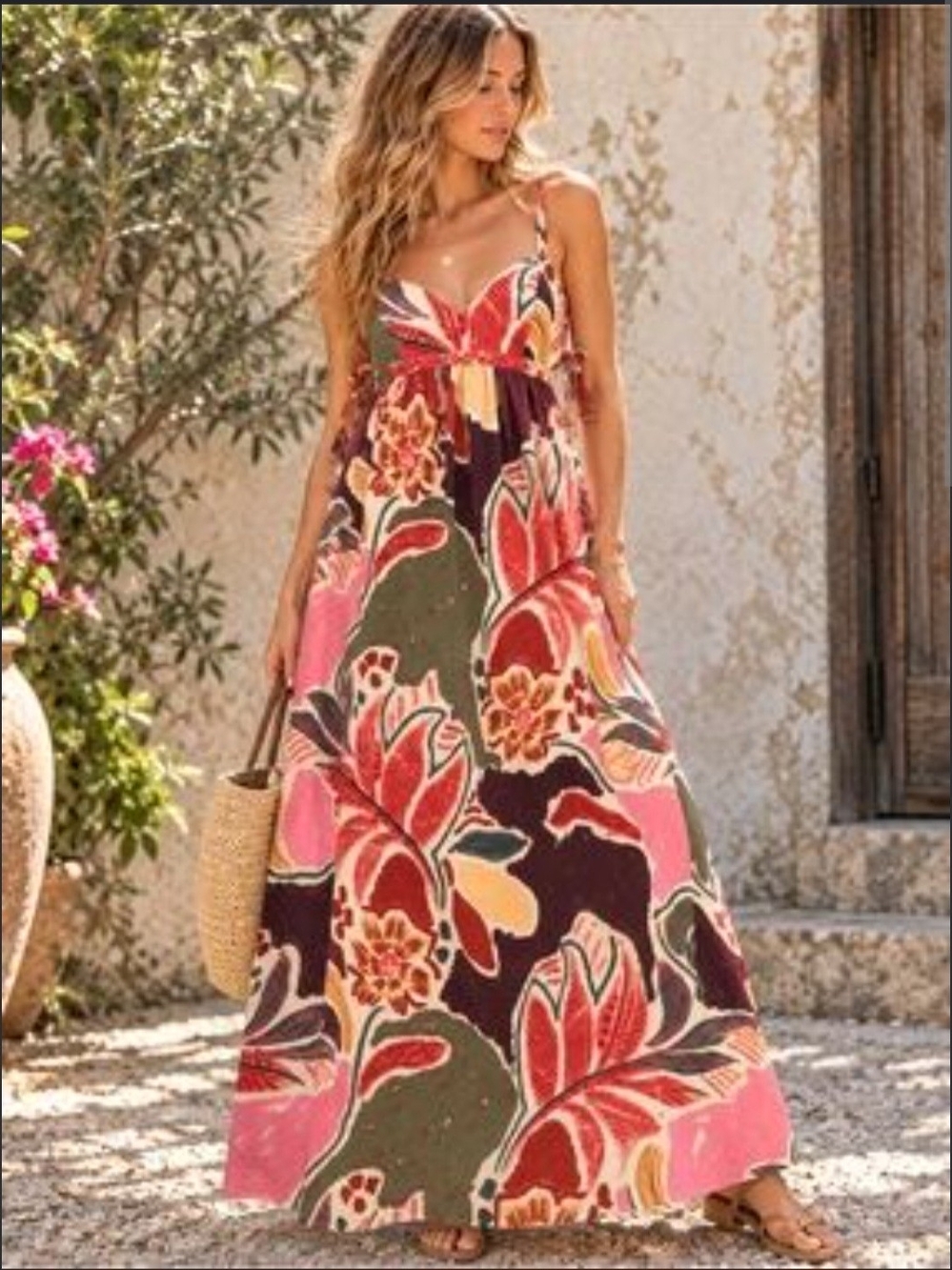 Boho Floral Maxi Dress in Pink & Olive